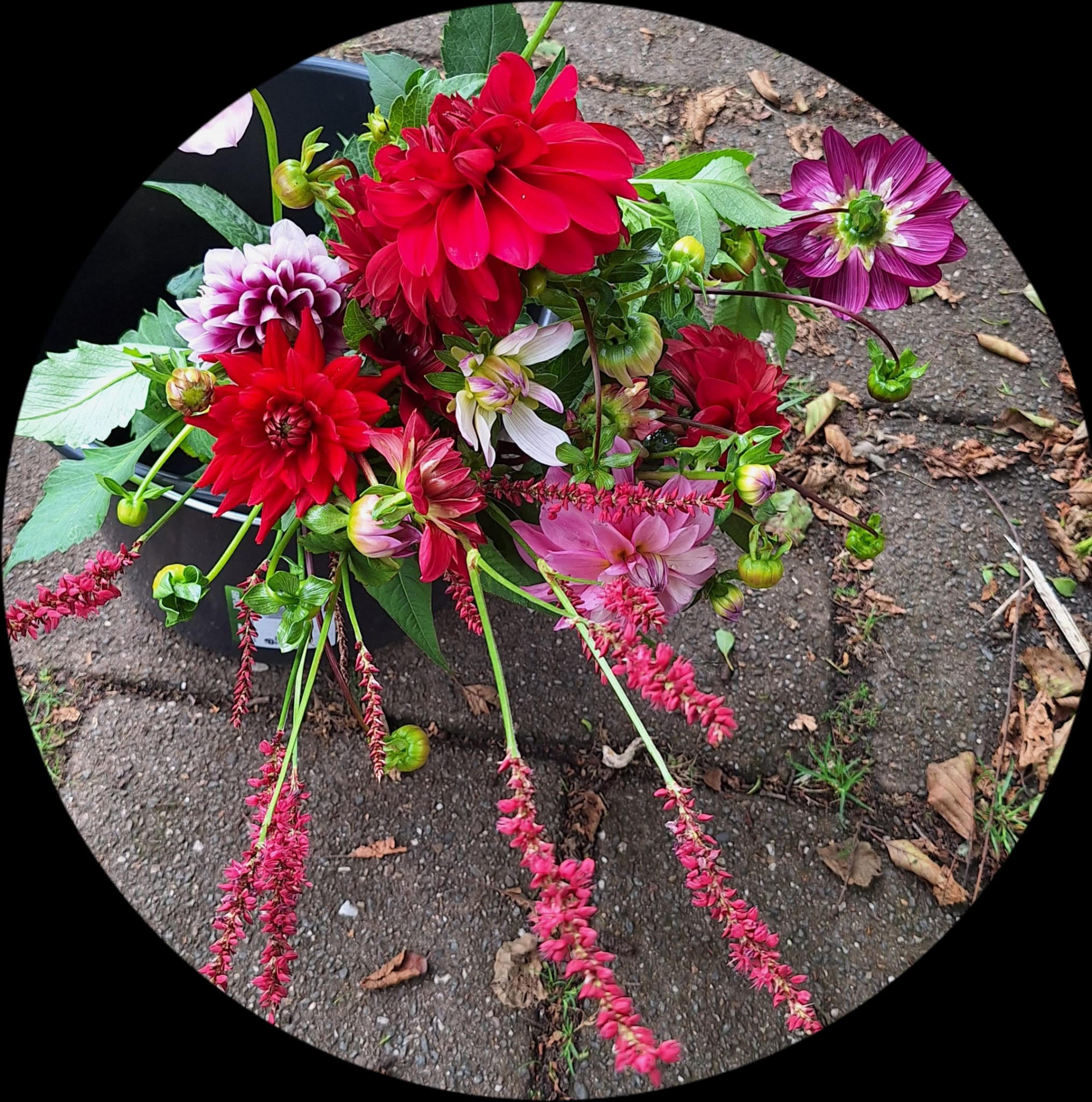 Handgebonden boeket met veelkleurige bloemen op houten achtergrond